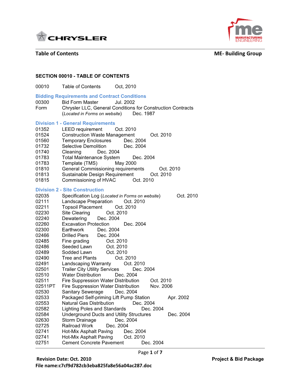 Table of Contents ME- Building Group