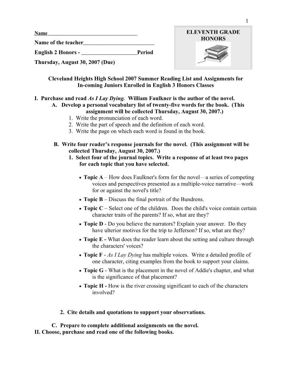 Cleveland Heights High School 2007 Summer Reading List and Assignments For