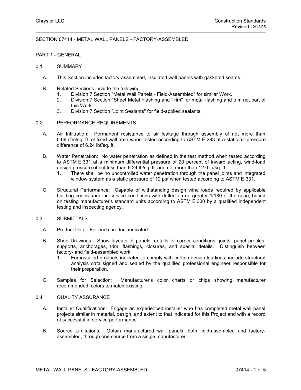 Section 07414 - Metal Wall Panels-Factoryassembled