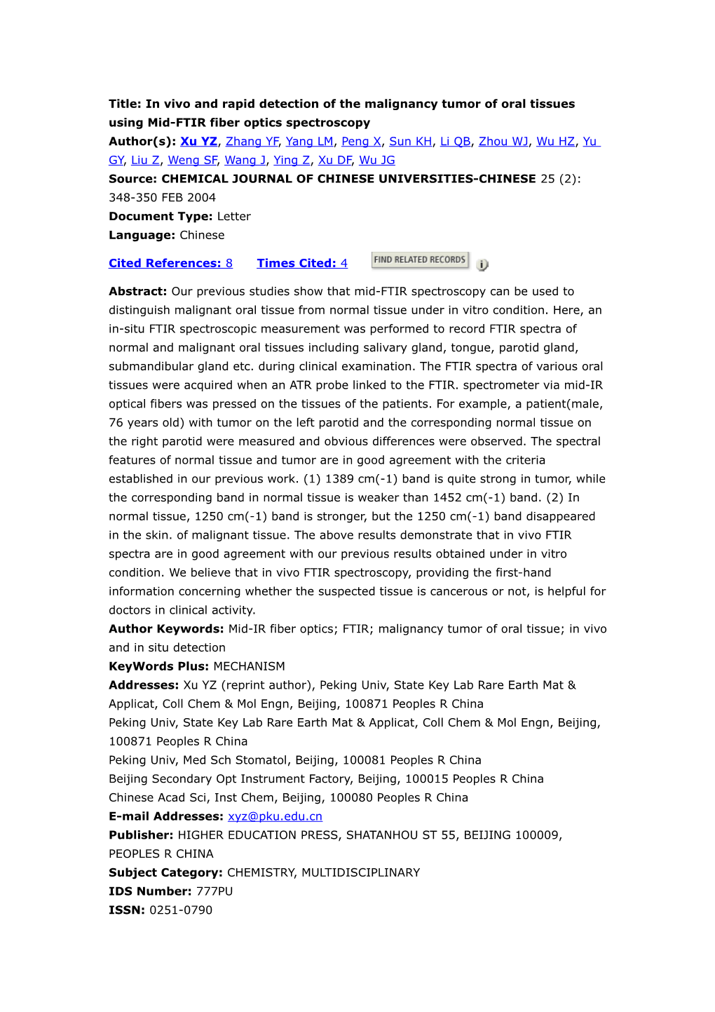 Title: in Vivo and Rapid Detection of the Malignancy Tumor of Oral Tissues Using Mid-FTIR