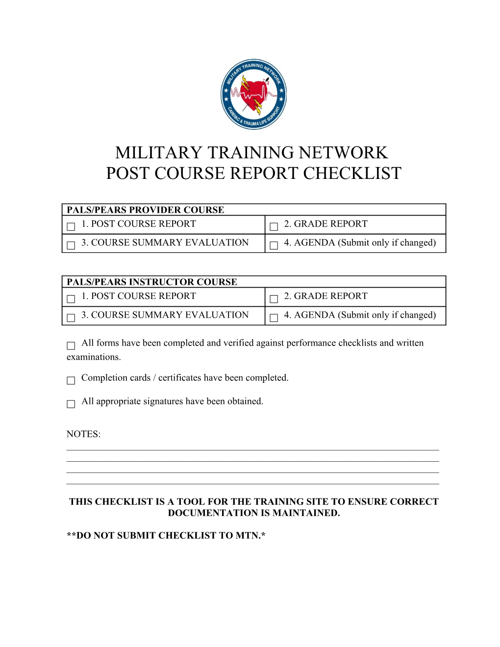 Post Course Report Checklist