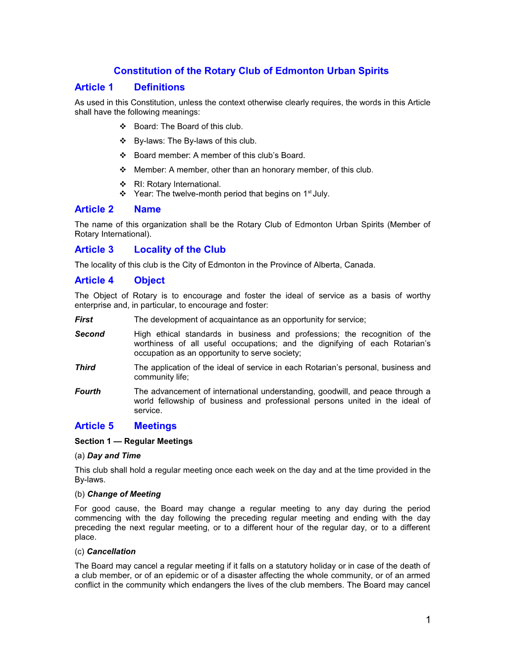 Constitution of the Rotary Club of Edmonton Urban Spirits