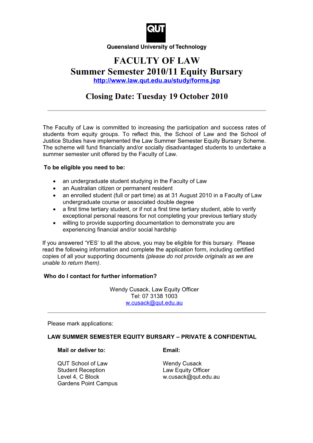 Summer Semester 2010/11 Equity Bursary