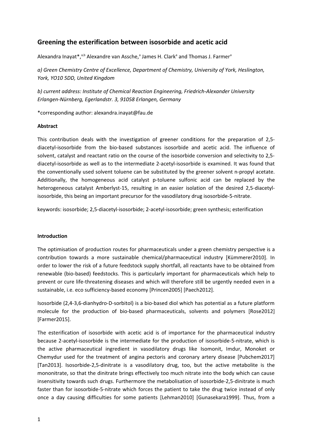 Greening the Esterification Between Isosorbide and Acetic Acid