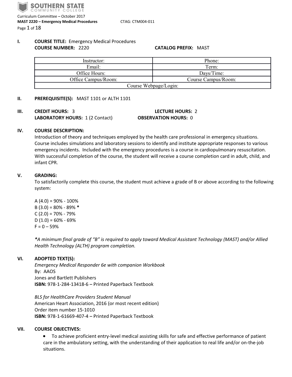 MAST 2220 Emergency Medical Procedures