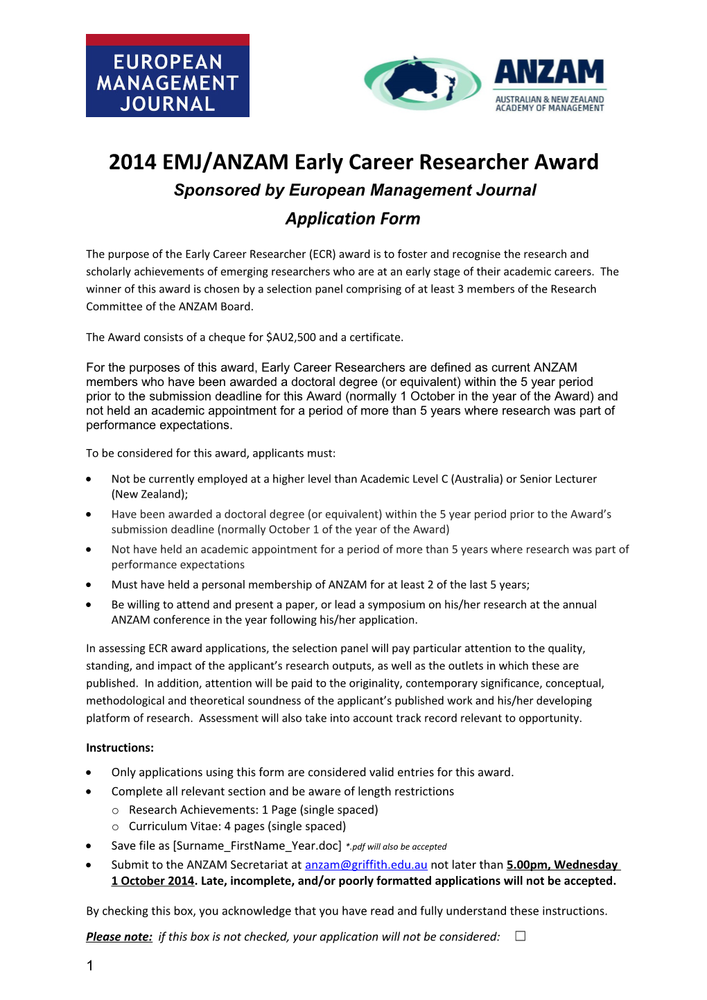 2014 EMJ/ANZAM Early Career Researcher Award