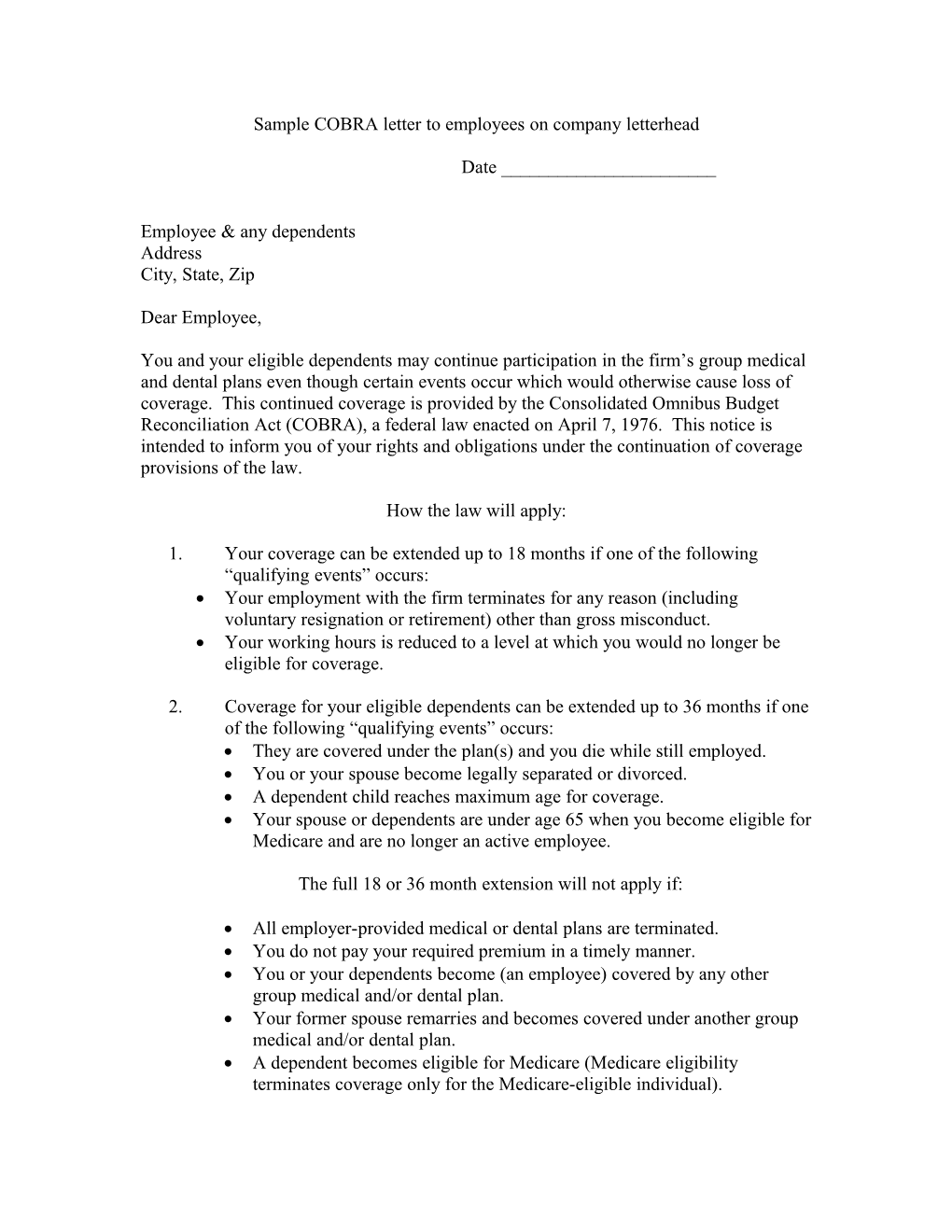 Sample COBRA Letter to Employees on Company Letterhead