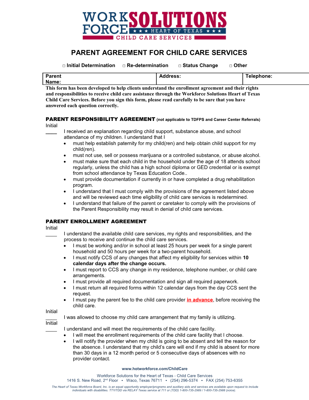 Parent Acknowlegement of Rights and Responsibilities for Child Care Services