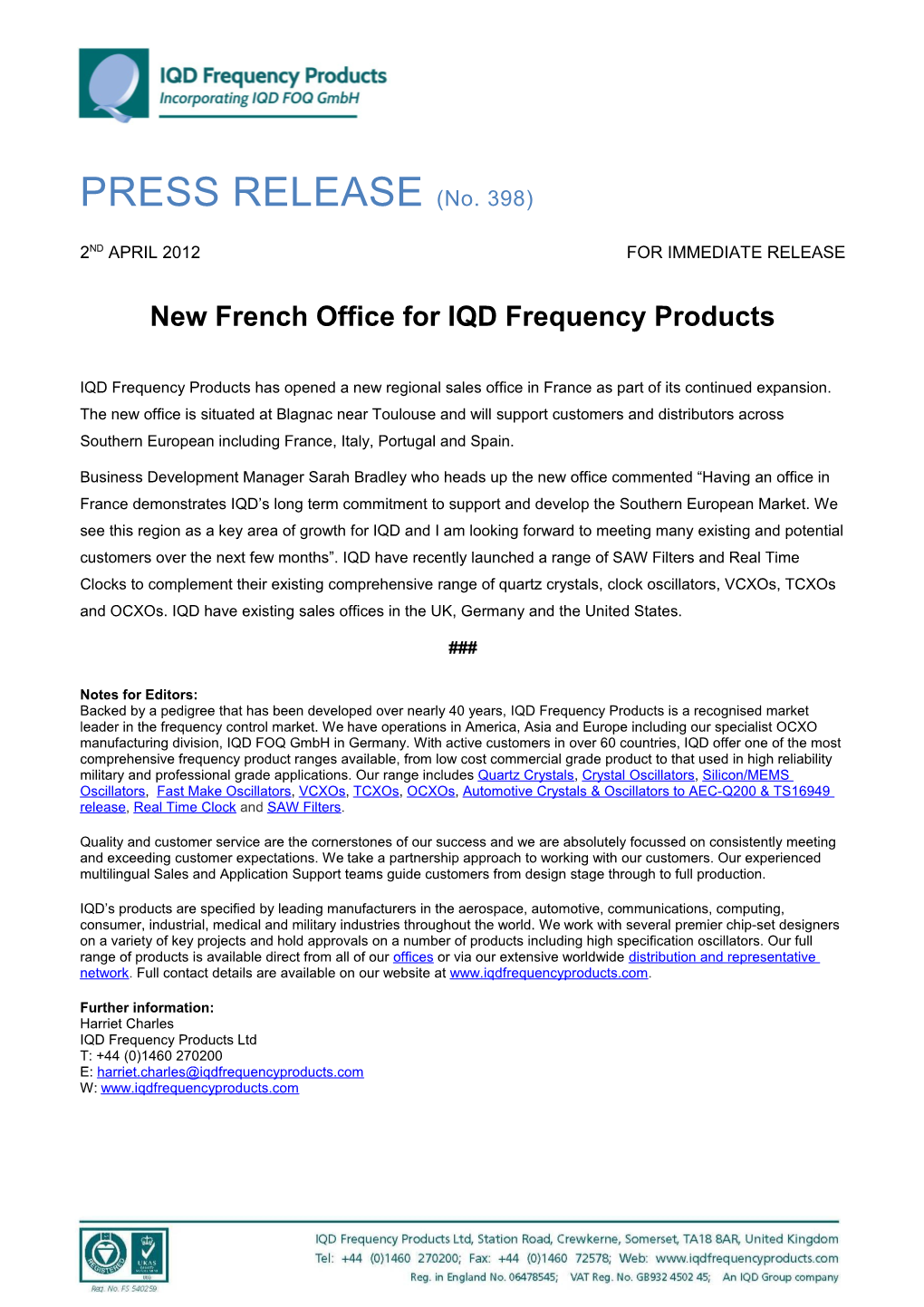 New French Office for IQD Frequency Products