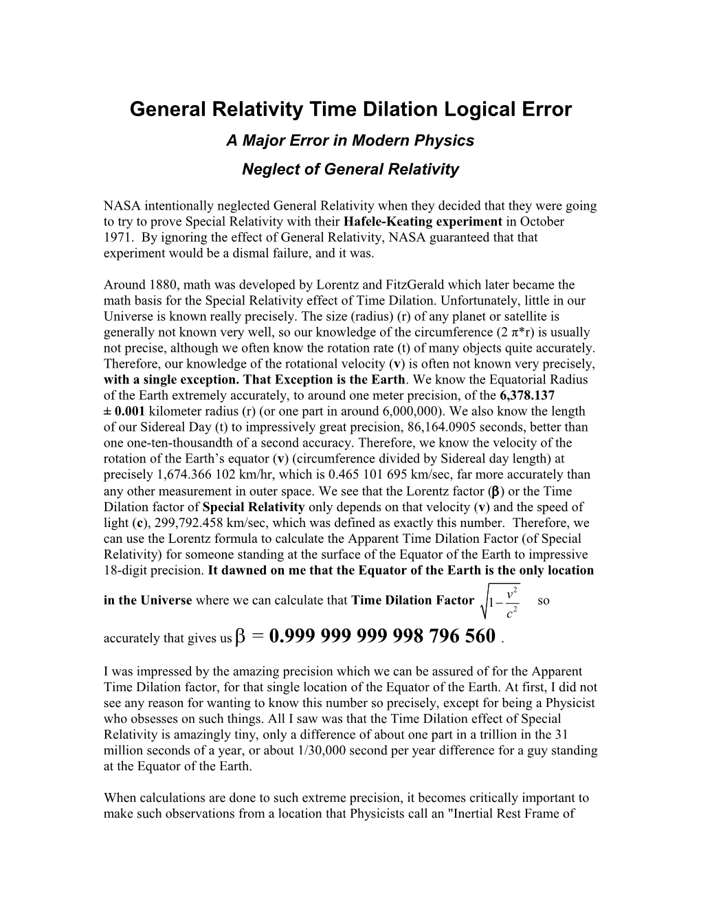 General Relativity Time Dilation Logical Error