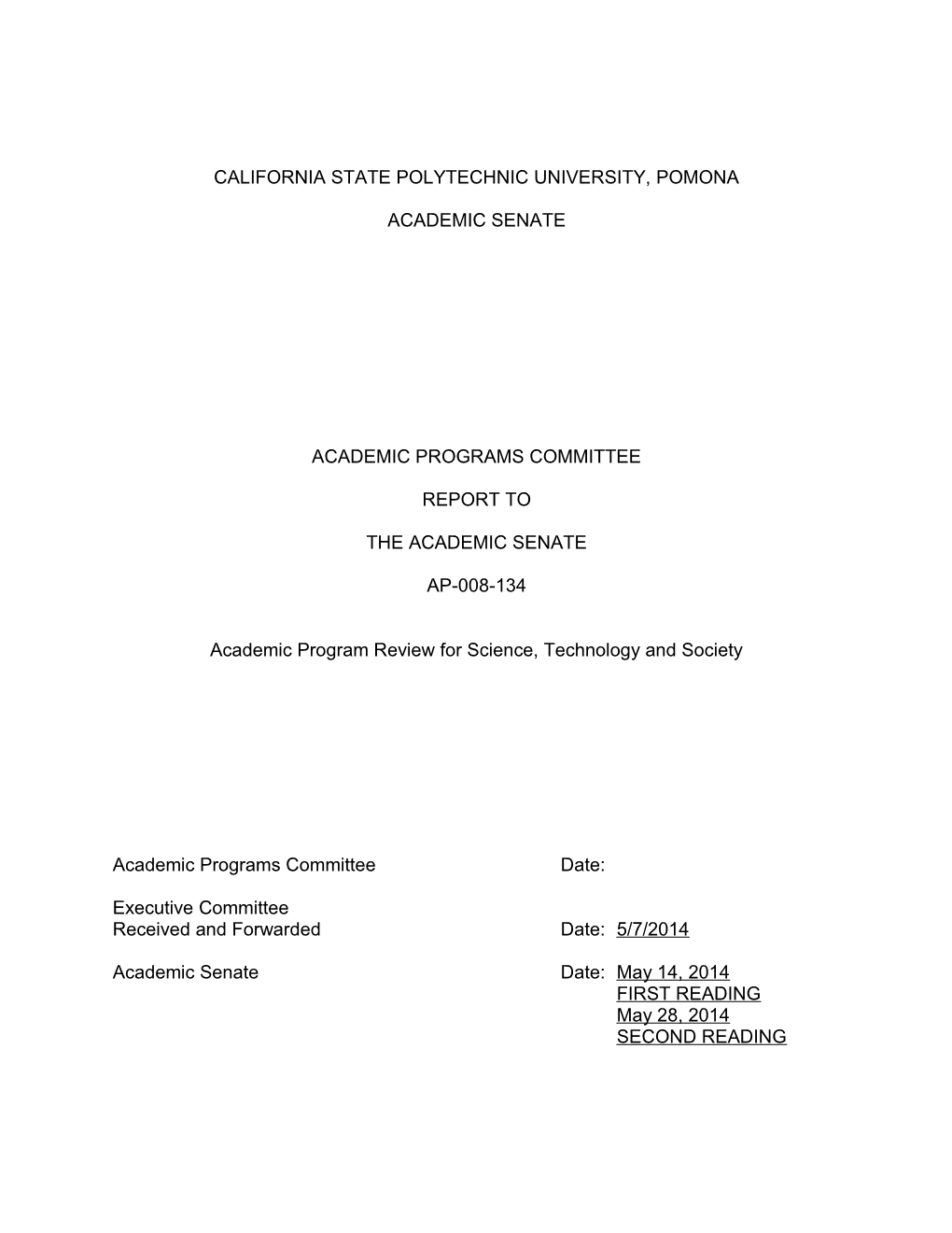 AP-008-134, Academic Program Review for Science, Technology and Society 1