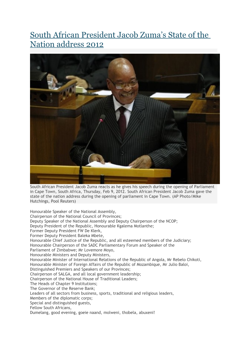 South African President Jacob Zuma S State of the Nation Address 2012