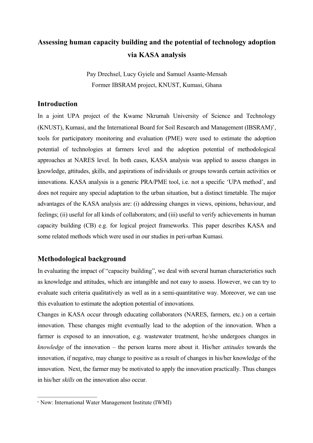 KASA Analysis and Other M&E Tools for UPA Studies: Assessing Farmers Perception of Organic