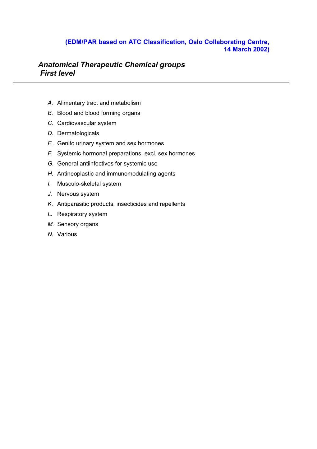 Example 3: First Level Anatomical Therapeutic Chemical Groups