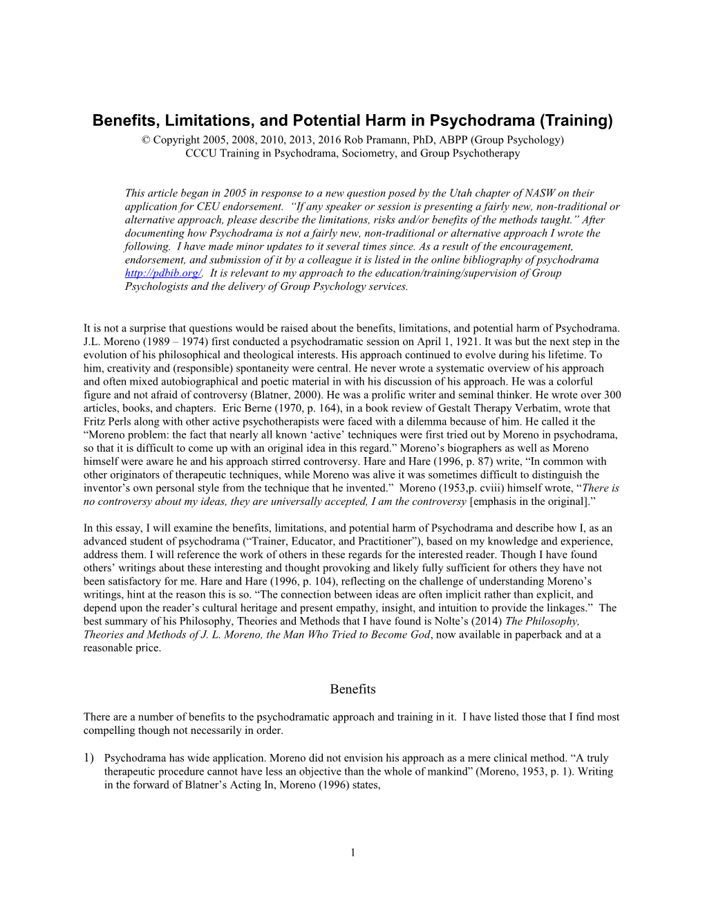 Benefits, Limitations, and Potential Harm in Psychodrama