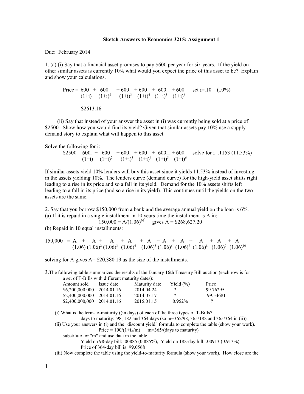 Sketch Answers to Economics 3215: Assignment 1