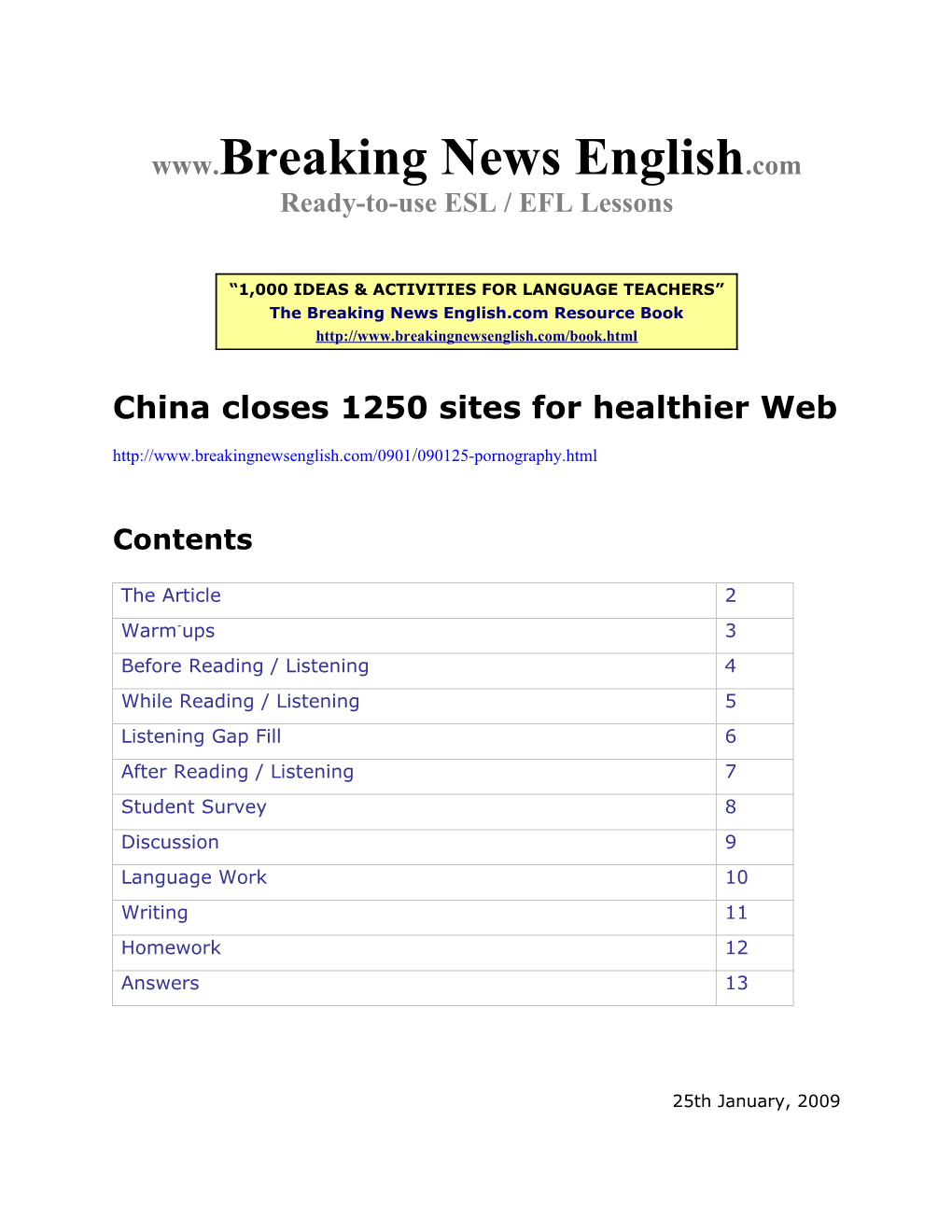 ESL Lesson: China Closes 1250 Sites for Healthier Web