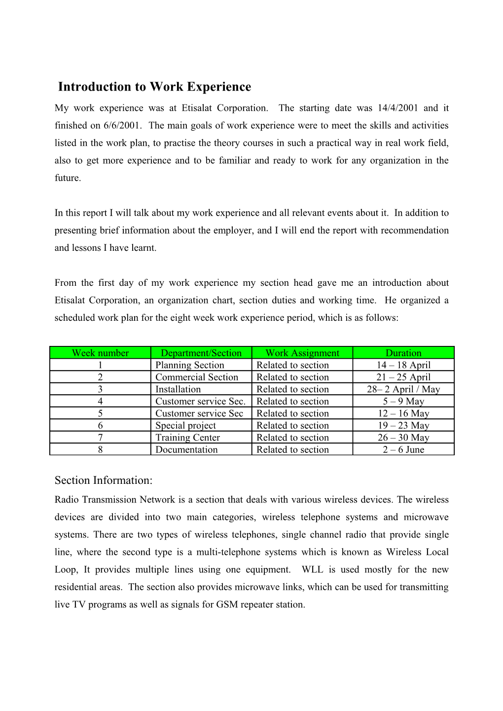 Work Placement Report 2001