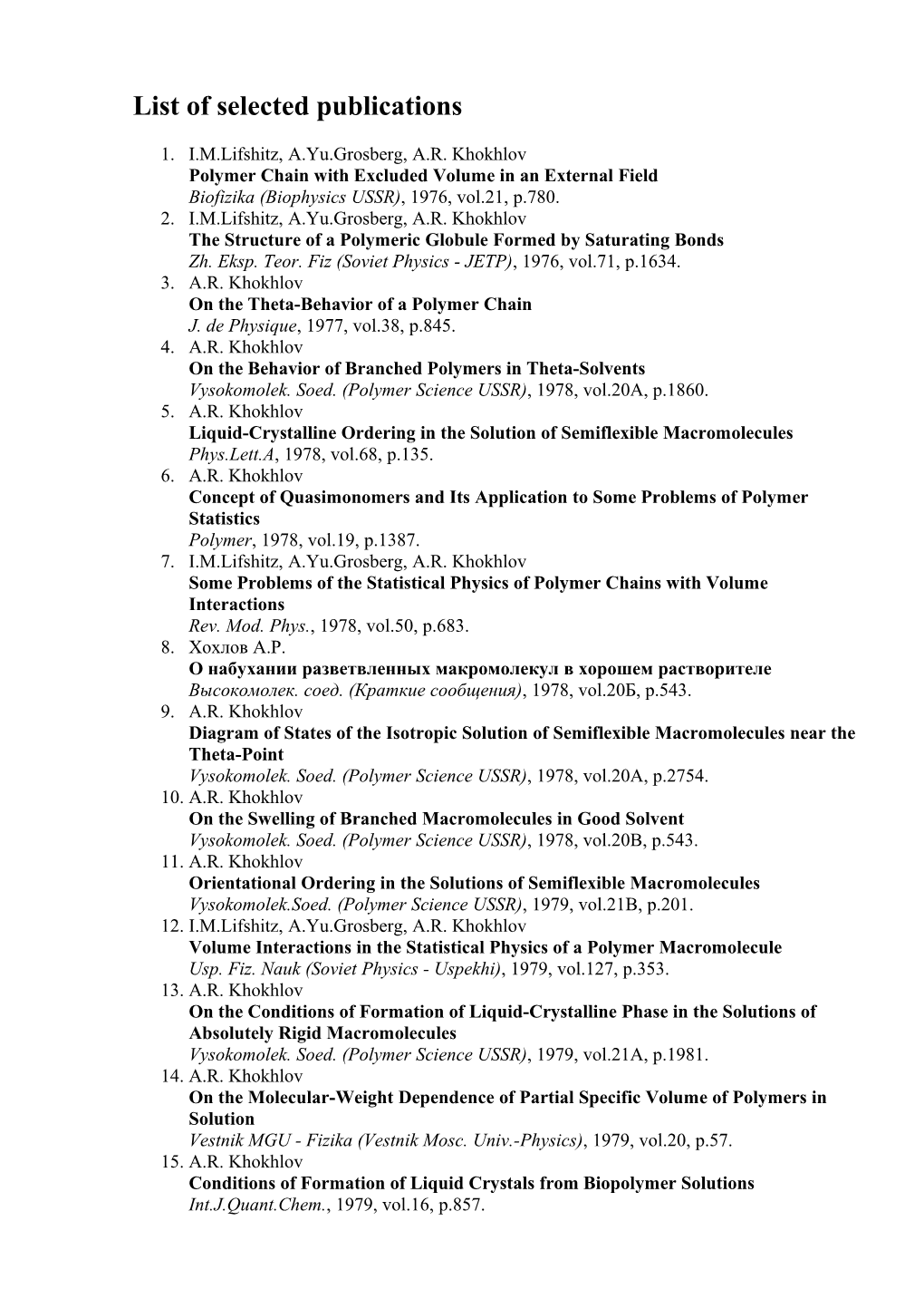 List of Selected Publications