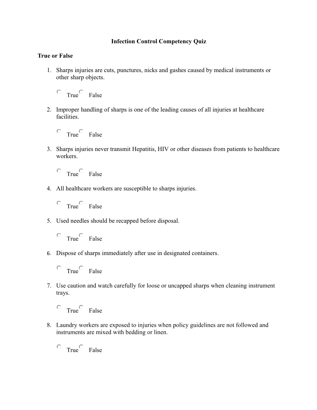 Infection Control Competency Quiz