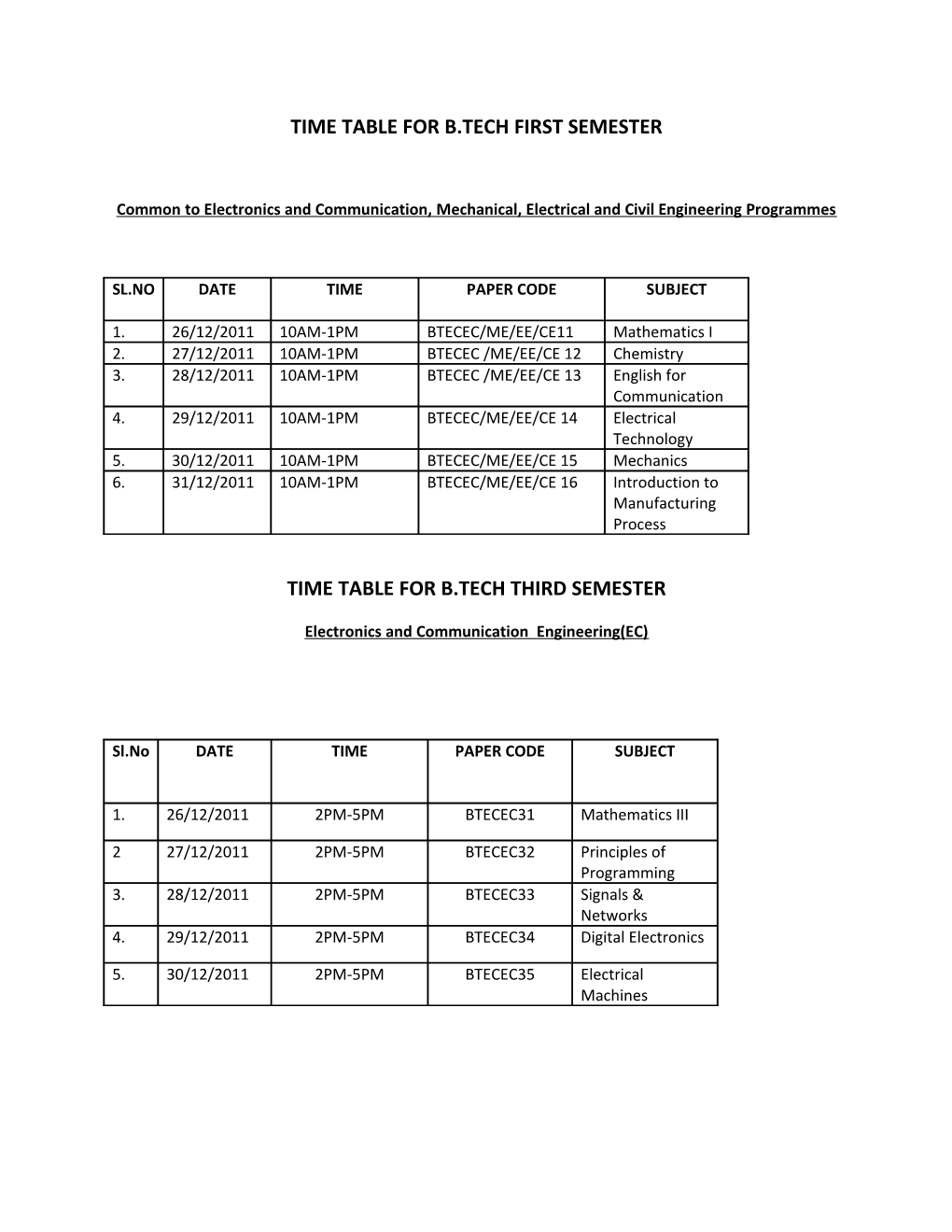 Time Table for B.Tech First Semester