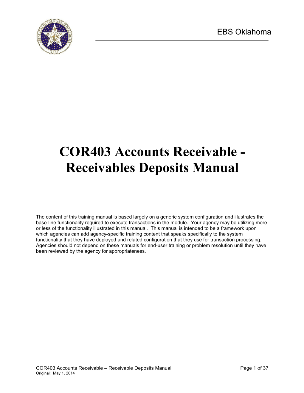 COR402 - Accounts Receivable -Receivables Deposits Manual