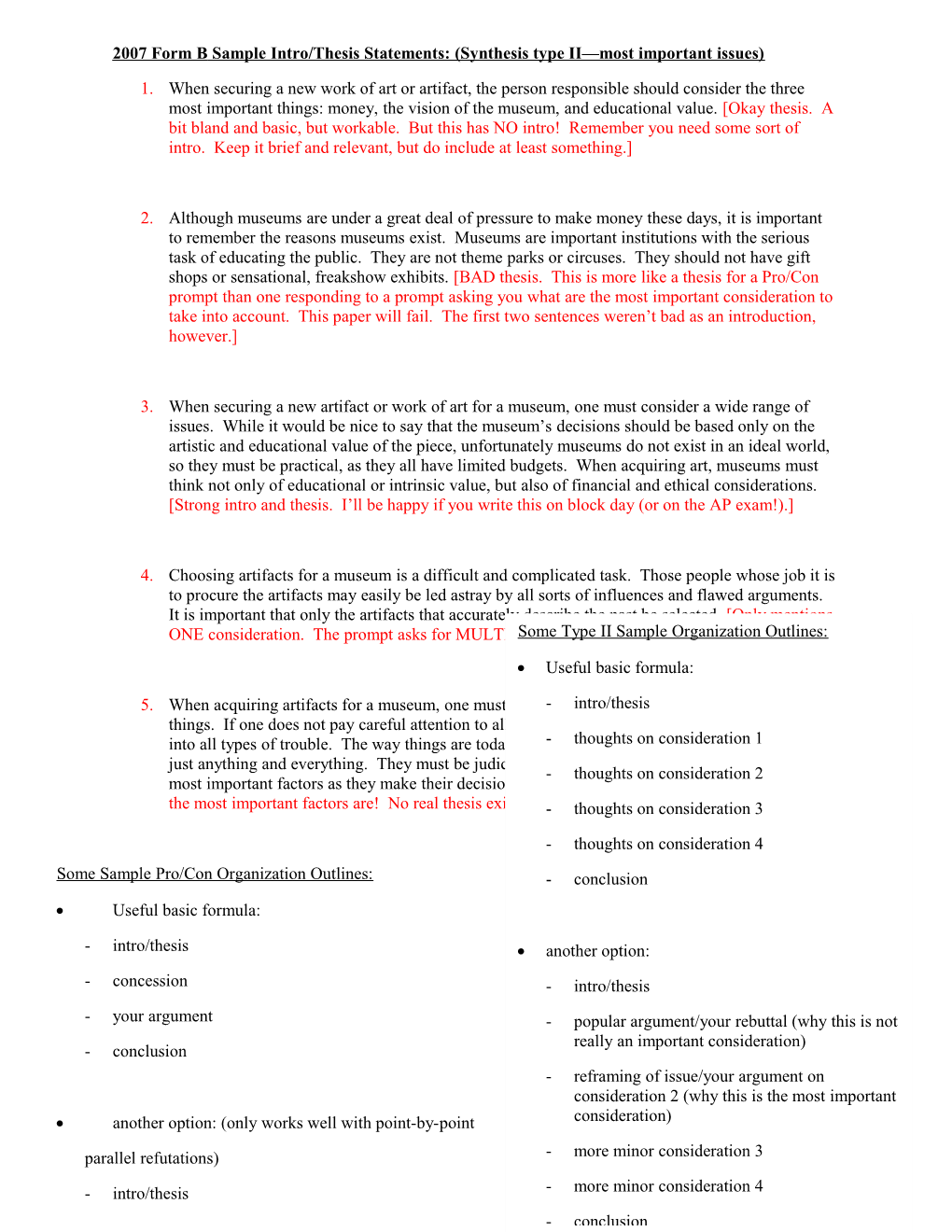 2007 Form Bsample Intro/Thesis Statements: (Synthesis Type II Most Important Issues)