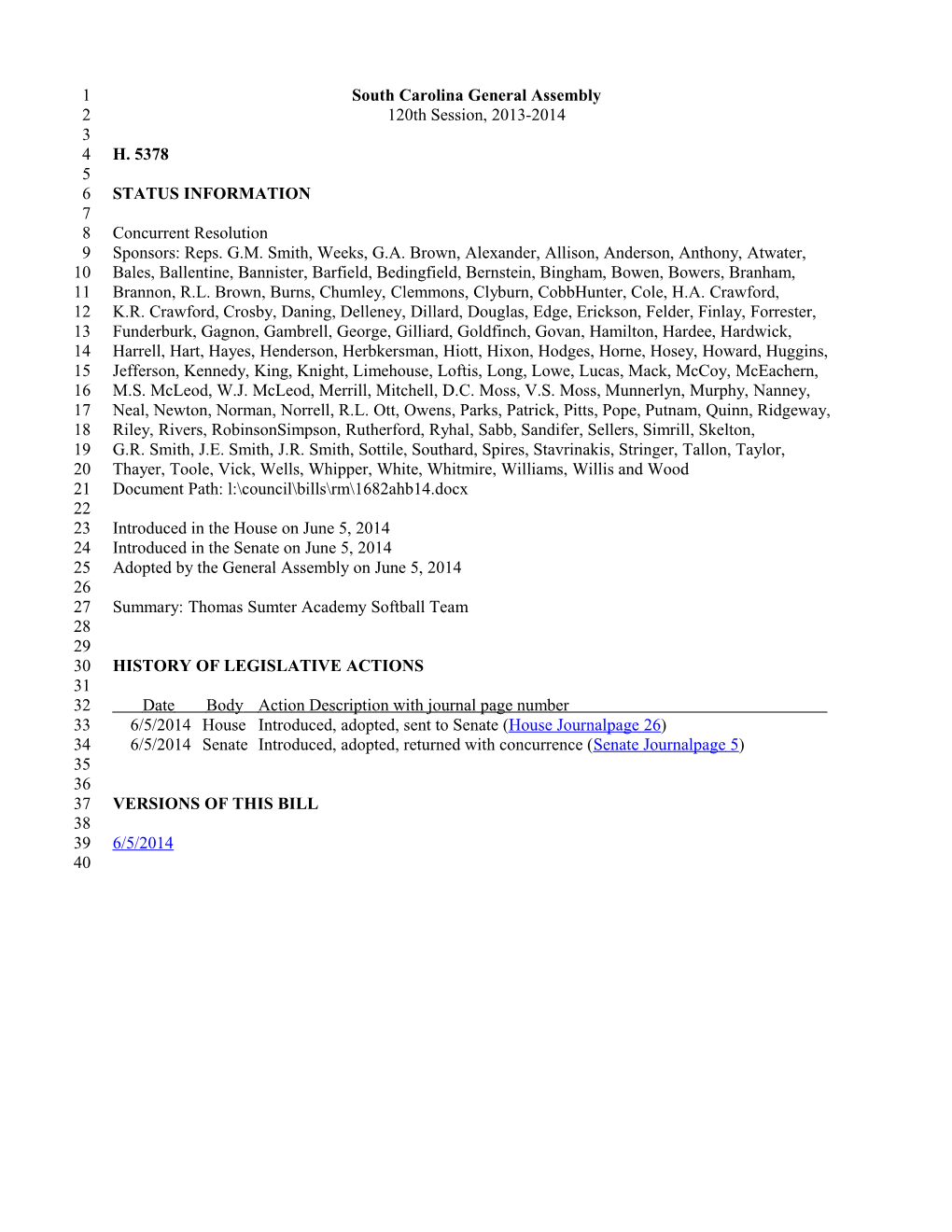 2013-2014 Bill 5378: Thomas Sumter Academy Softball Team - South Carolina Legislature Online