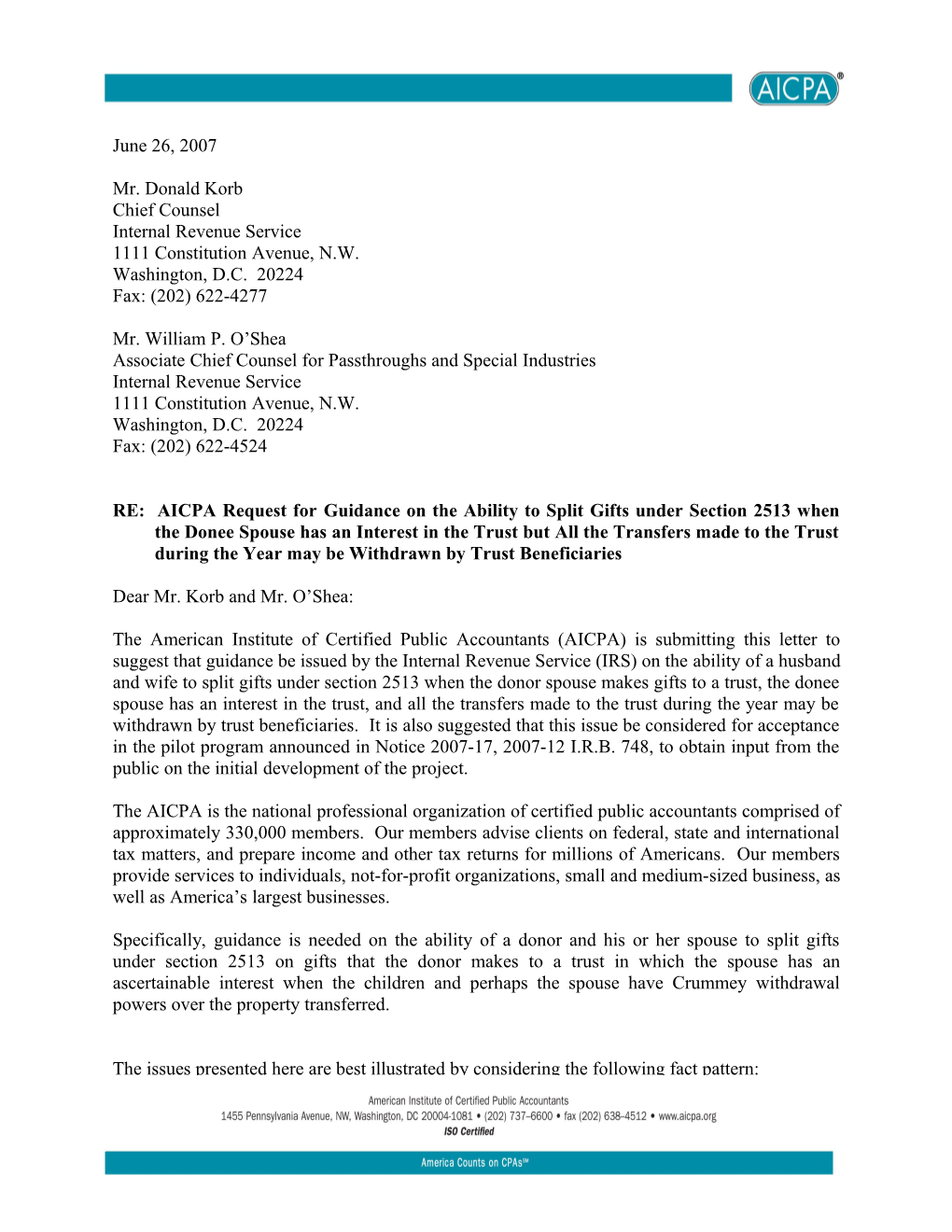 AICPA Letter to the IRS Requesting Guidance on Gift Splitting - June 26, 2007