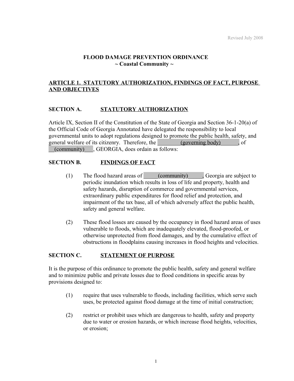 Article 1. Statutory Authorization, Findings of Fact, Purpose and Objectives