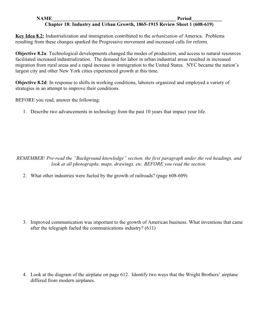 Chapter 18: Industry and Urban Growth Review Sheet 1