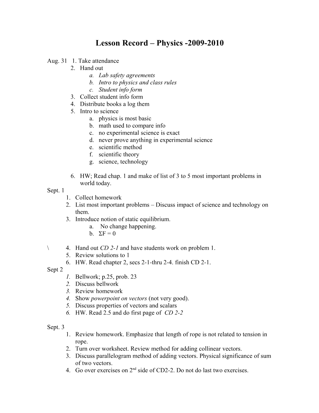 Lesson Record Physics -2009-2010