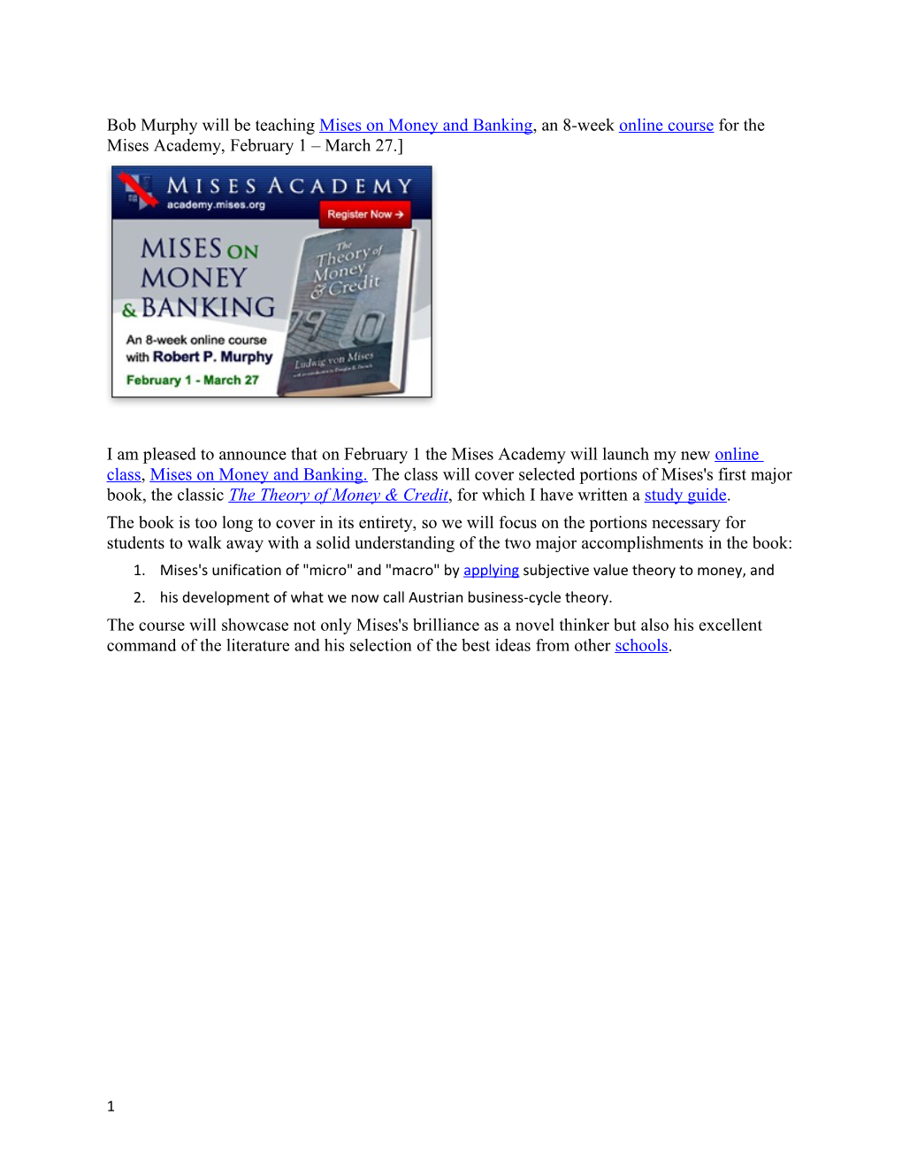 Bob Murphy Will Be Teaching Mises on Money and Banking, an 8-Week Online Course for The
