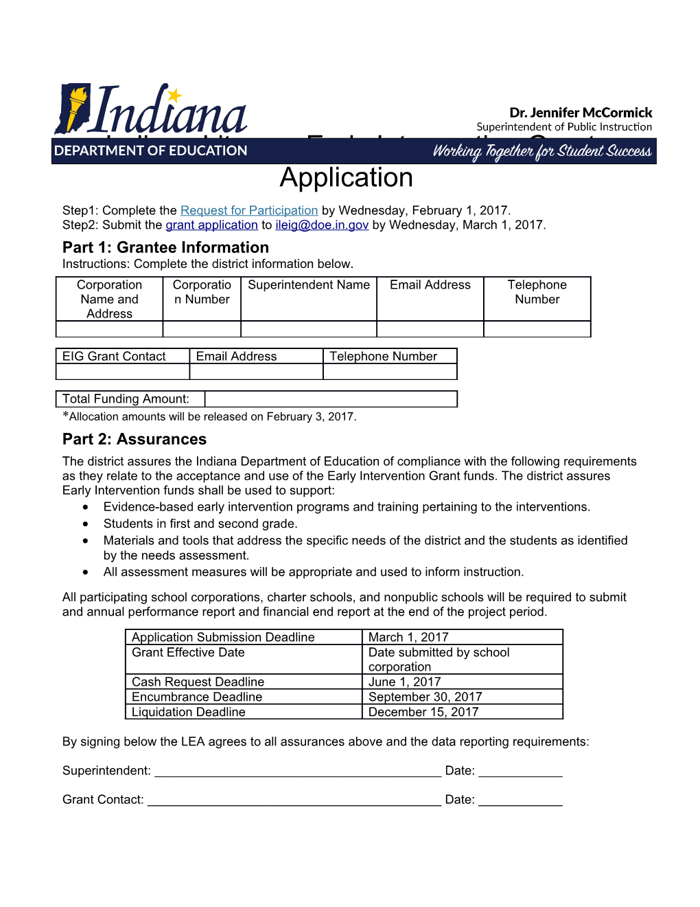 Indiana Literacy Early Intervention Grant Application