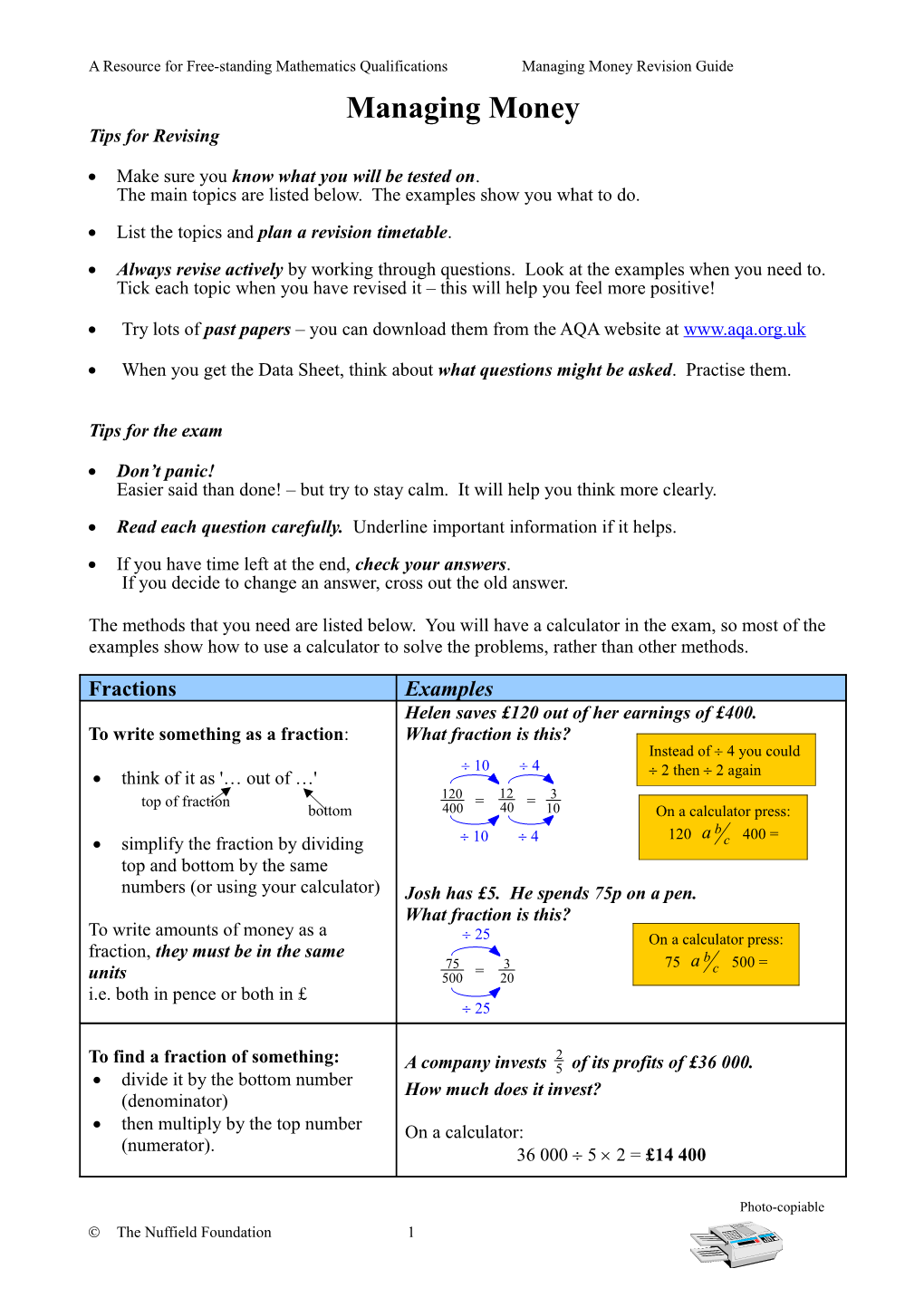 A Resource for Free-Standing Mathematics Qualificationsmanaging Money Revision Guide
