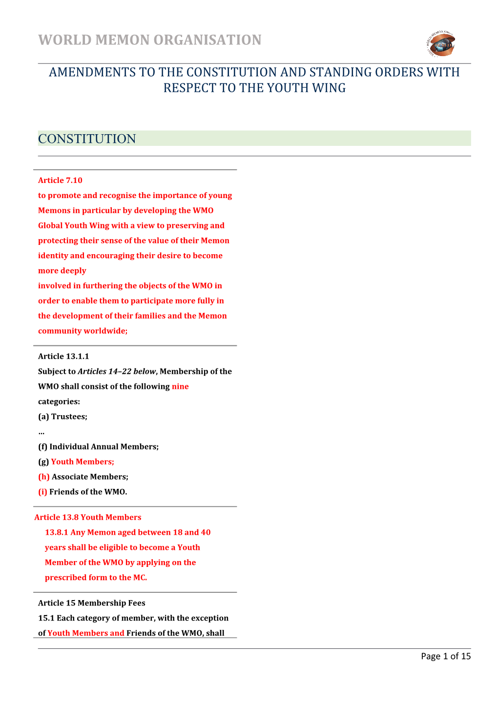 Amendments to the Constitution and Standing Orders with Respect to the Youth Wing