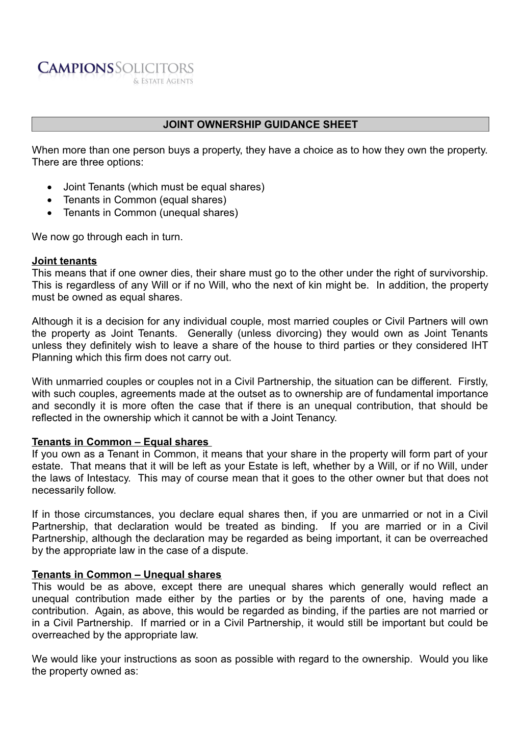 Joint Ownership Guidance Sheet