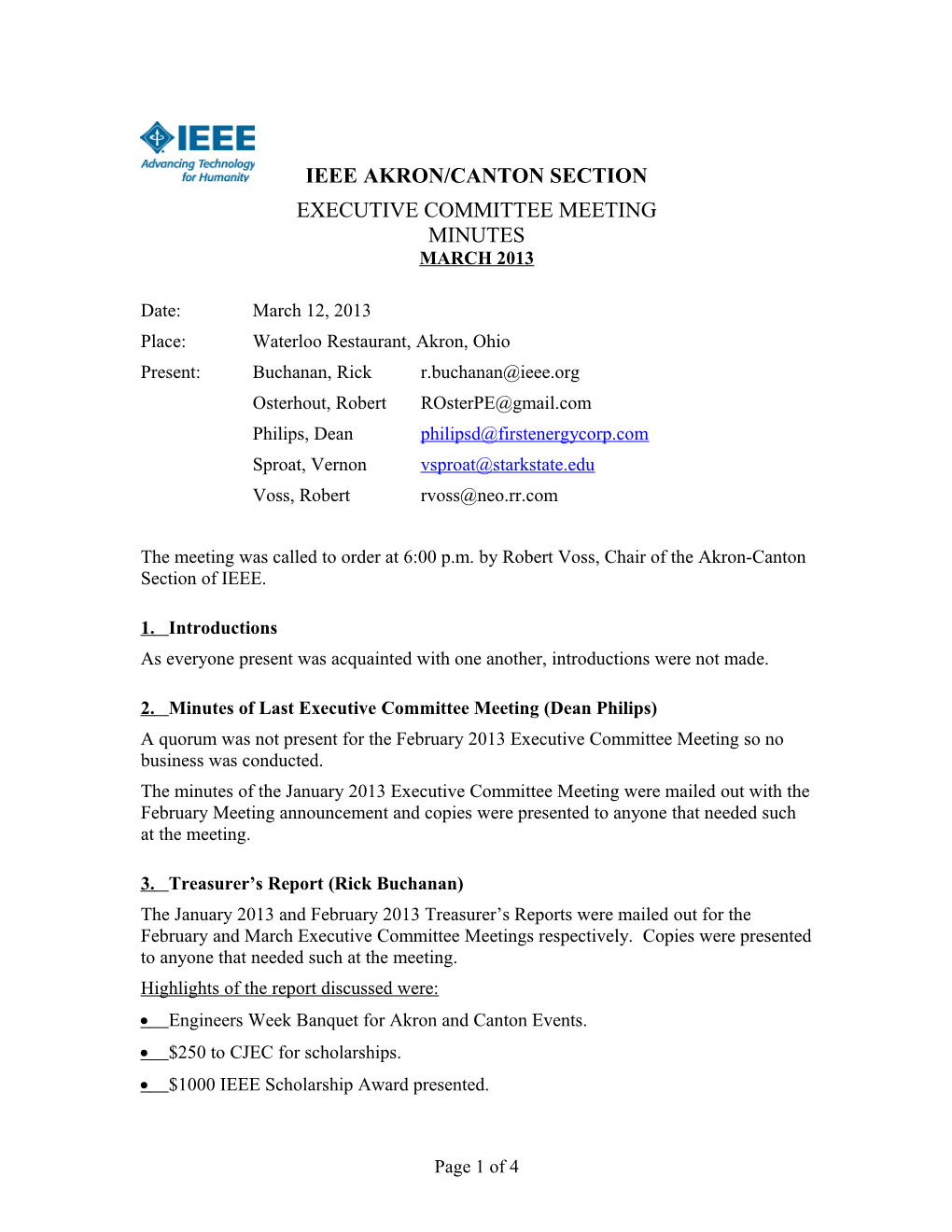 IEEE Akron/Canton Section, Executive Committee Meeting Minutes - January 2013