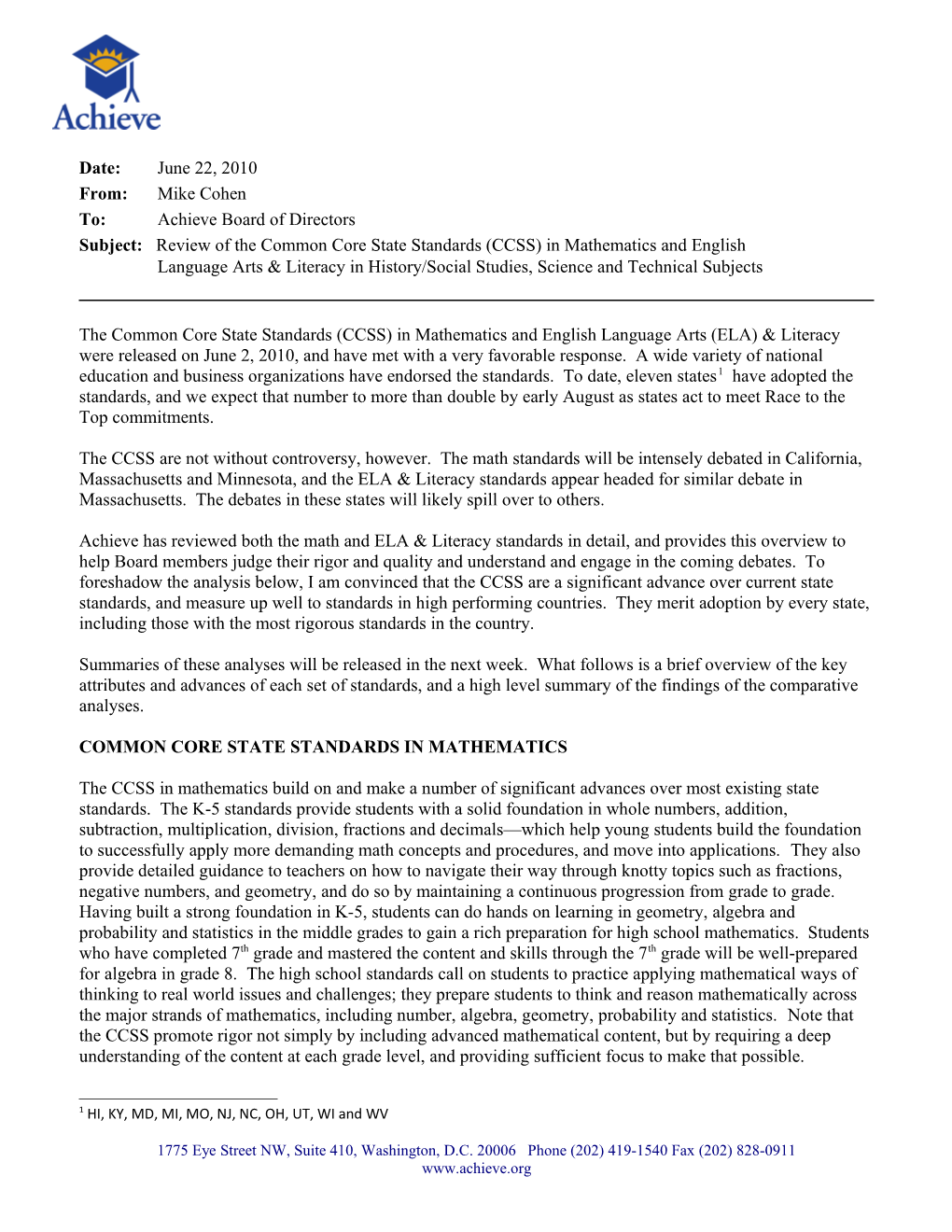 Achieve Memo: Review of the Common Core State Standards (CCSS)
