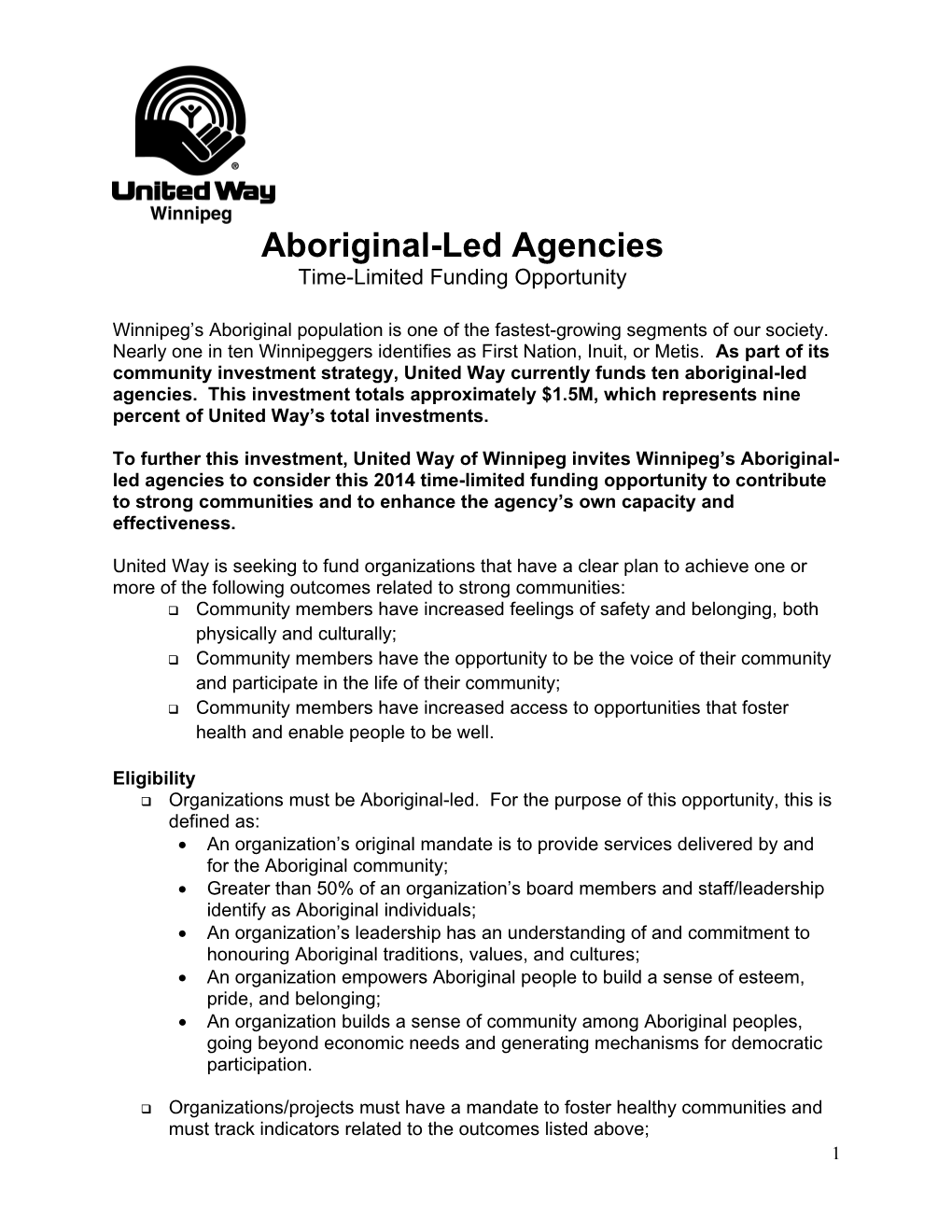To Further This Investment, United Way of Winnipeg Invites Winnipeg S Aboriginal-Led Agencies