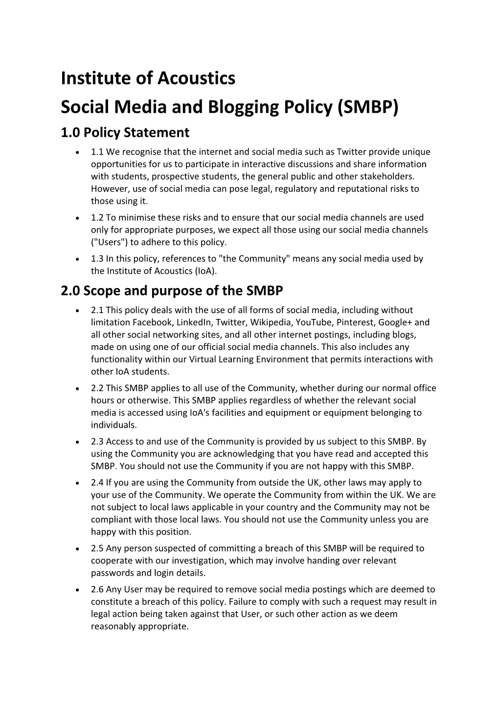 Social Media and Blogging Policy (SMBP)