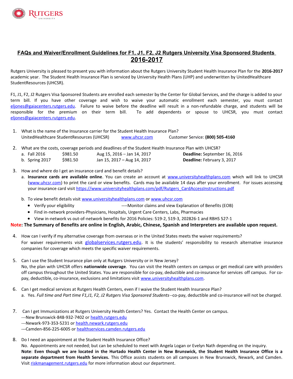 Faqs and Waiver/Enrollment Guidelines for F1, J1, F2, J2 Rutgersuniversity Visa Sponsored
