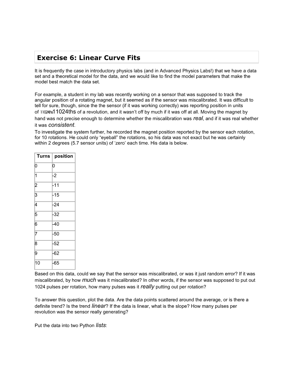 Exercise 6: Linear Curve Fits