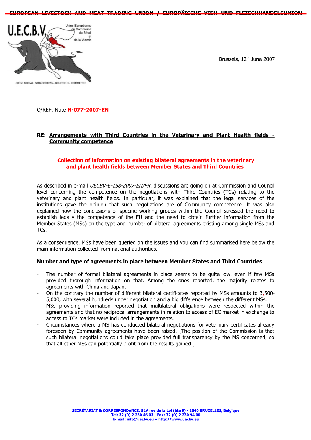 Collection of Information on Existing Bilateral Agreements in the Veterinary