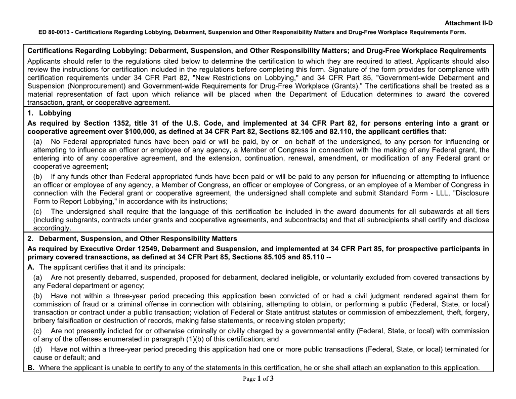 ED 80-0013 - Certifications Regarding Lobbying, Debarment, Suspension and Other Responsibility