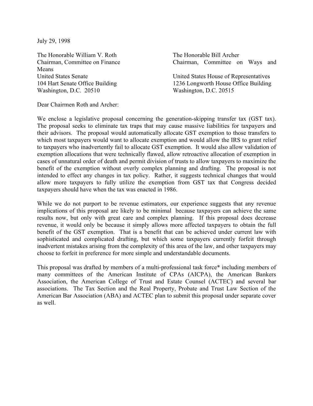 Multi-Organization Letter to Congress on GST Allocation Legislation - July 29, 1998