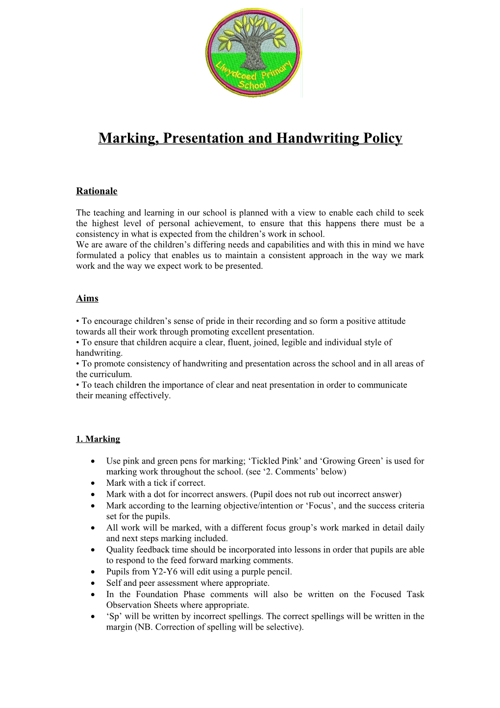 Marking, Presentation and Handwriting Policy