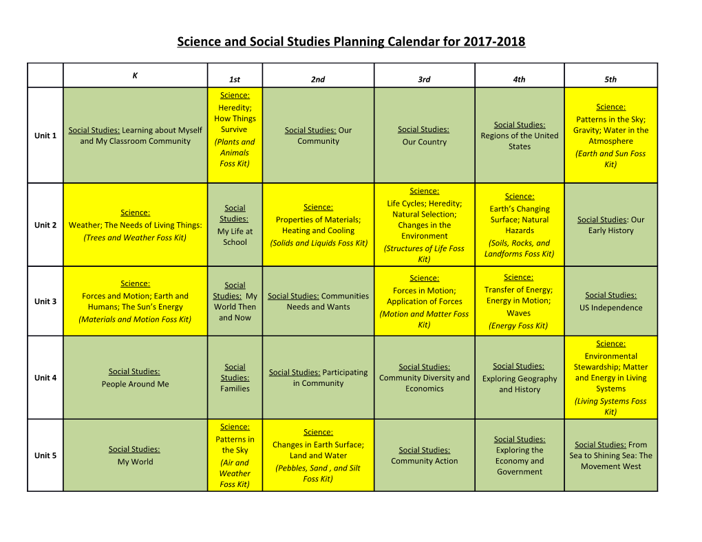 Science and Social Studies Planning Calendar for 2017-2018