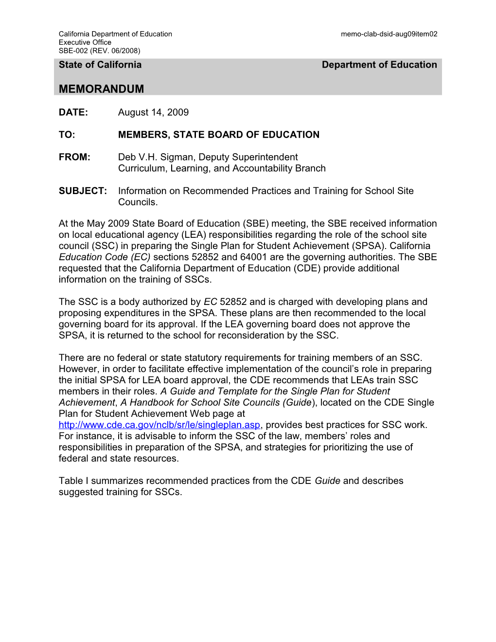 August 2009 CLAB Item 4 - Information Memorandum (CA State Board of Education)