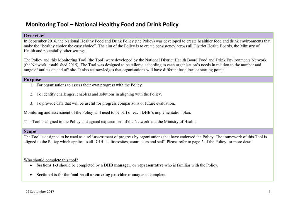 Monitoring Tool National Healthy Food and Drink Policy